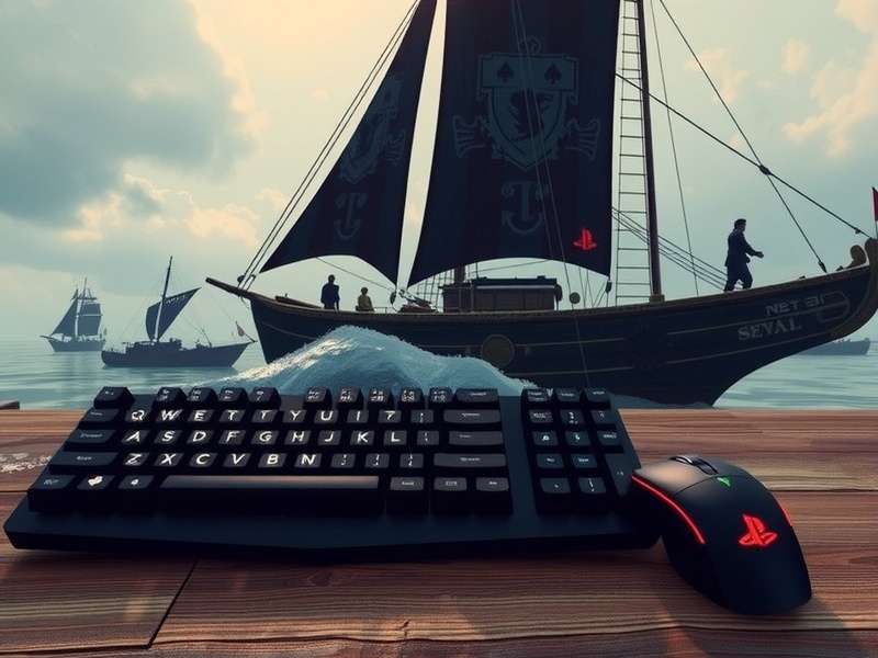 First-person view of aiming a cannon using a mouse, with crosshairs precisely on an enemy ship's mast