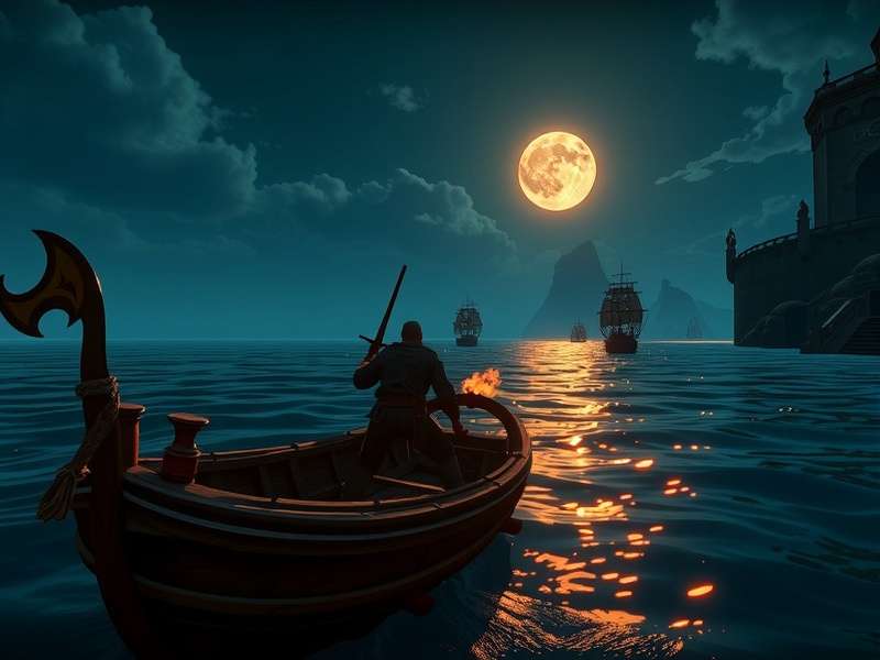 A dramatic view of a pirate ship sailing at sunset in Sea of Thieves, with golden light reflecting on the water