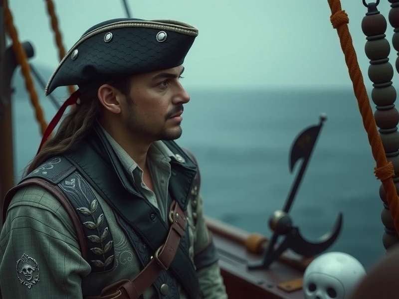 A formidable Sea of Thieves Captain posing on the bow of a customised ship, showcasing the full Sovereign set and legendary weapons.