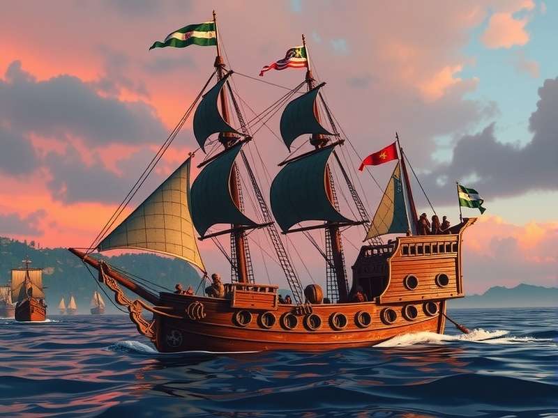 Sea of Thieves official launch day artwork showcasing a galleon at sunset