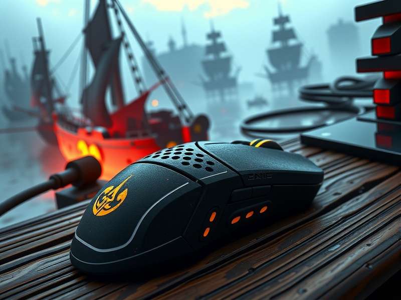 A sleek gaming keyboard and mouse setup next to a PlayStation 5 console running Sea of Thieves