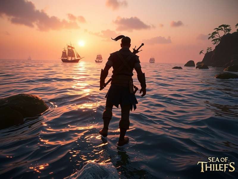 Sea of Thieves PS5 gameplay screenshot showing a dramatic ship battle at sunset