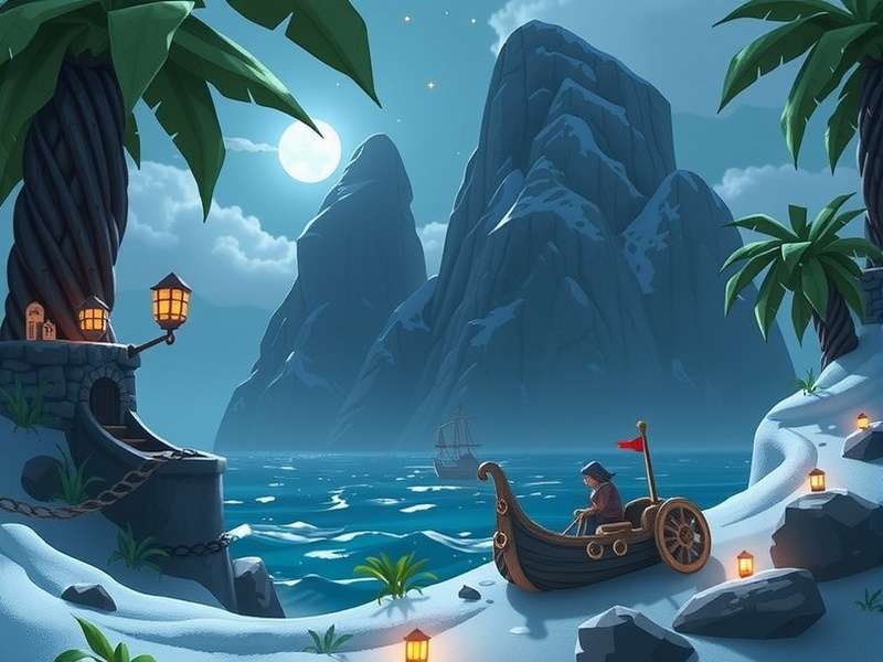 A mysterious, mist-covered cave entrance hidden within rocky cliffs, suggesting a secret pirate hideout.