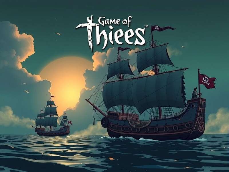 Sea of Thieves pirate ship sailing at sunset