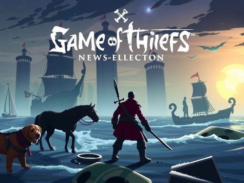 A dramatic scene from Sea of Thieves showing a galleon sailing at sunset with a newsletter icon overlay