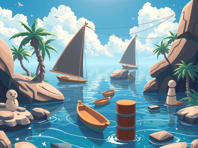 A dramatic view of a pirate ship sailing through stormy seas near rocky islands