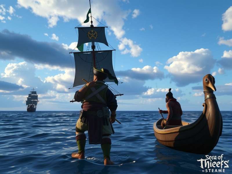 A majestic Sea of Thieves galleon sailing on the Steam platform, with the iconic logo visible
