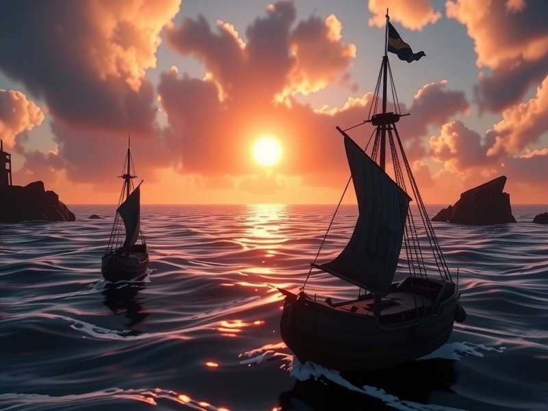 Aerial view of a tropical bay with sandy beaches and rock formations in Sea of Thieves style