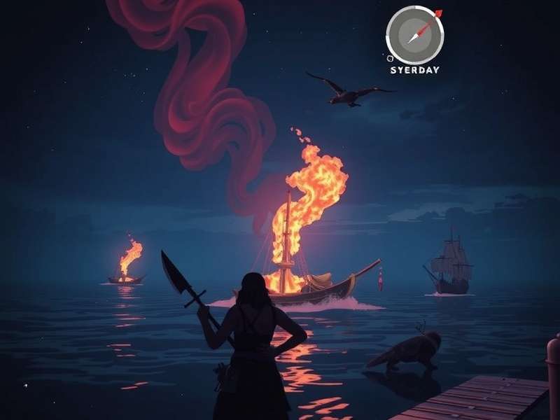 A ghostly ship of the Followers of the Flame emerging from fog in Sea of Thieves