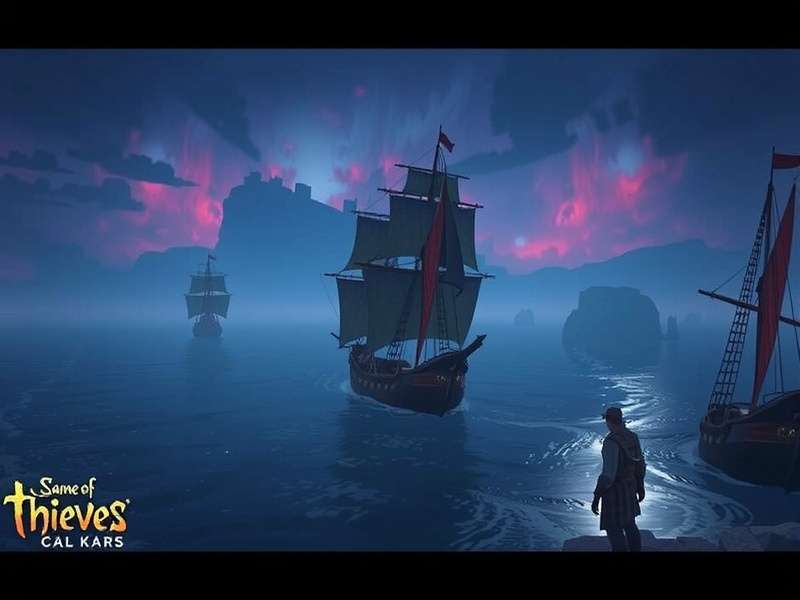 A dramatic sunset over a pirate ship sailing on a digital sea, representing the Sea of Thieves web experience.