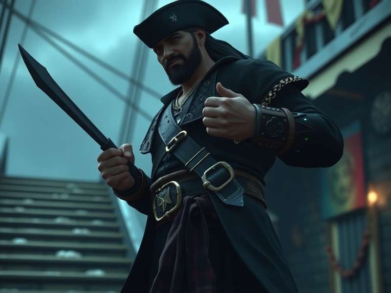 A dramatic scene of a pirate ship sailing through stormy seas, representing the adventure of Sea of Thieves