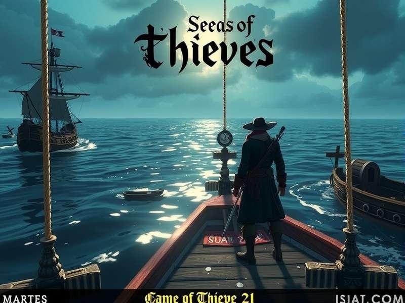 A dramatic view of a pirate ship sailing at sunset in Sea of Thieves