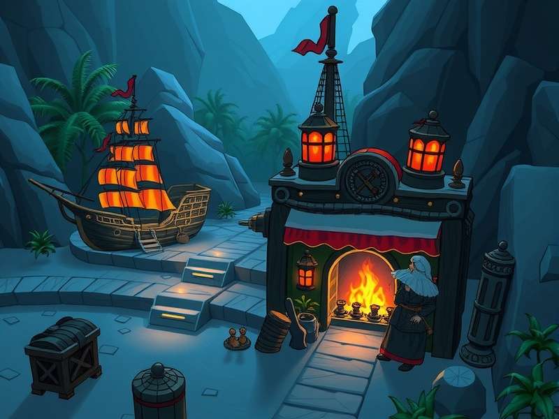 A bustling scene of multiple pirate ships sailing together on the Sea of Thieves