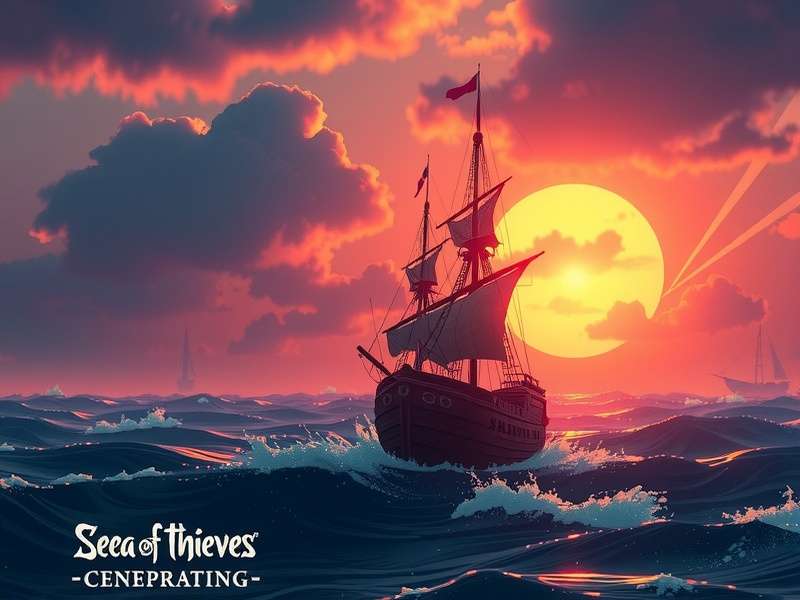 Sea of Thieves sunset over the ocean with a galleon sailing