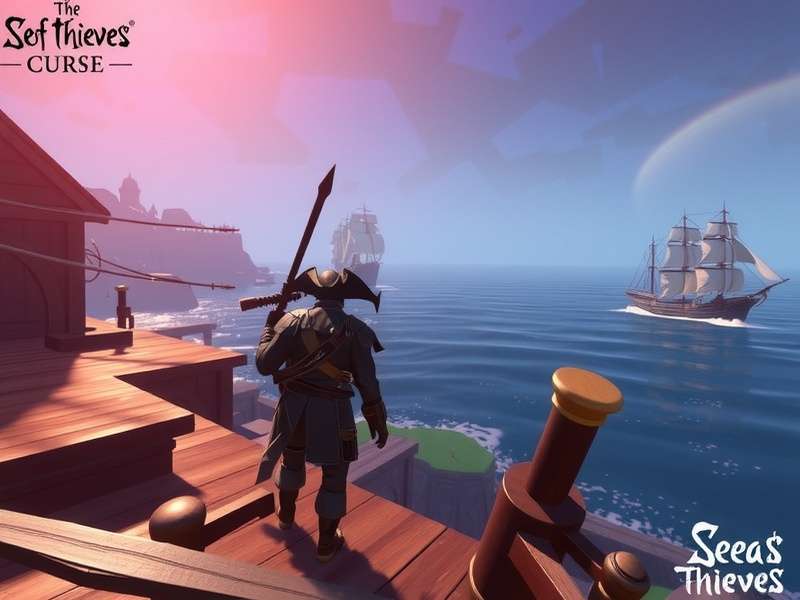 A dramatic scene of a cursed pirate ship sailing under a blood-red moon in Sea of Thieves