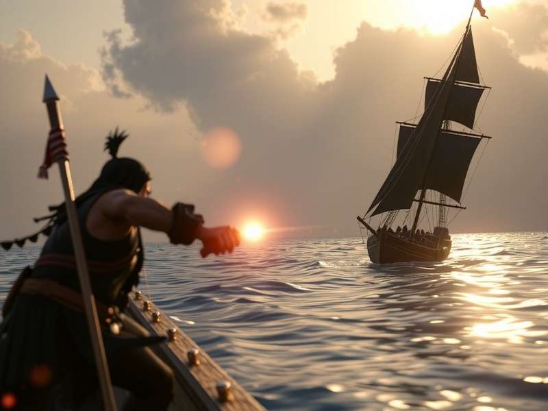 The Burning Blade ghost ship sailing on the horizon in Sea of Thieves, emitting green flame