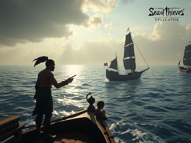 A crew sailing a galleon in Sea of Thieves with a storm on the horizon