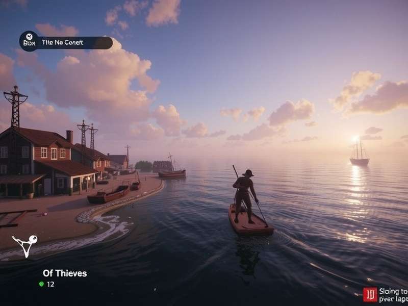 Sea of Thieves gameplay on Xbox Series X showcasing a ship battle at sunset