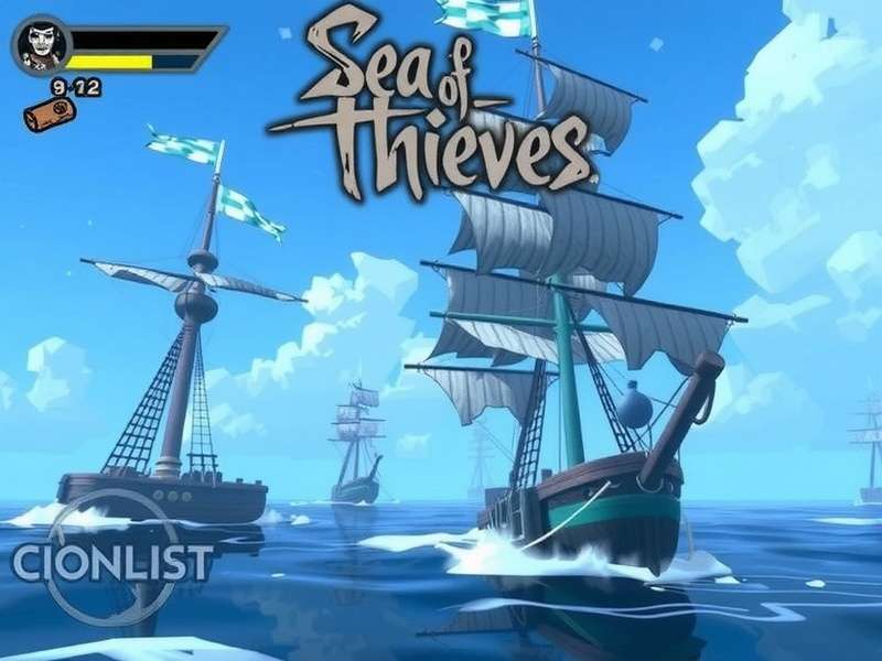 Pirate ship sailing at sunset in Sea of Thieves