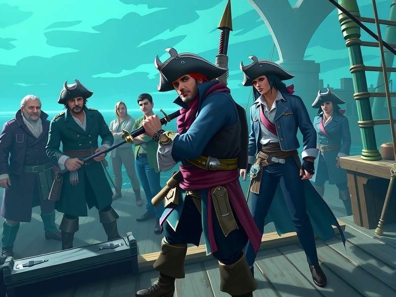 Pirate ship sailing at sunset in Sea of Thieves