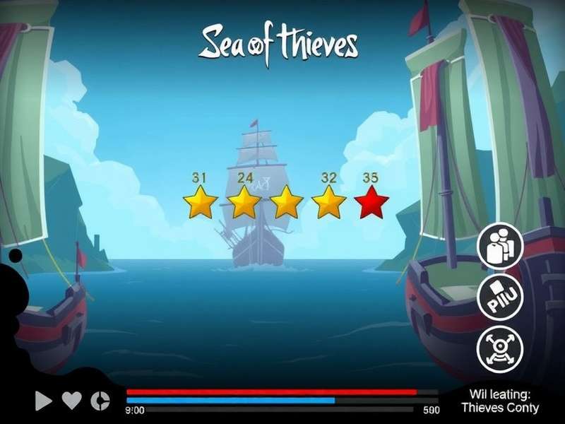 Sea of Thieves ship sailing at sunset with a graphical overlay showing review scores