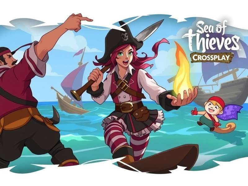 A diverse Sea of Thieves crew celebrating on a galleon, representing crossplay between platforms.