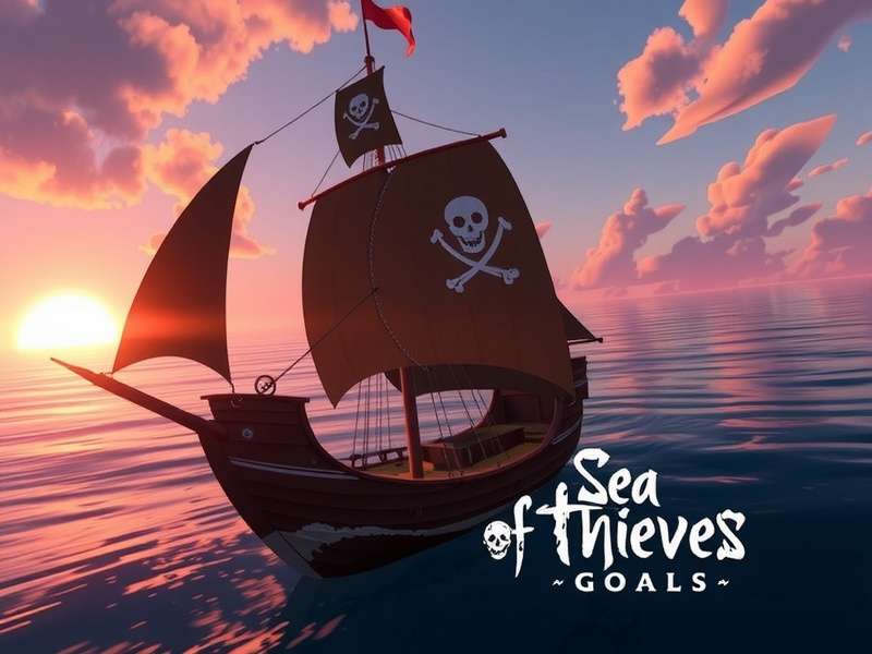A majestic pirate ship sailing at sunset in Sea of Thieves, representing the journey towards player goals.