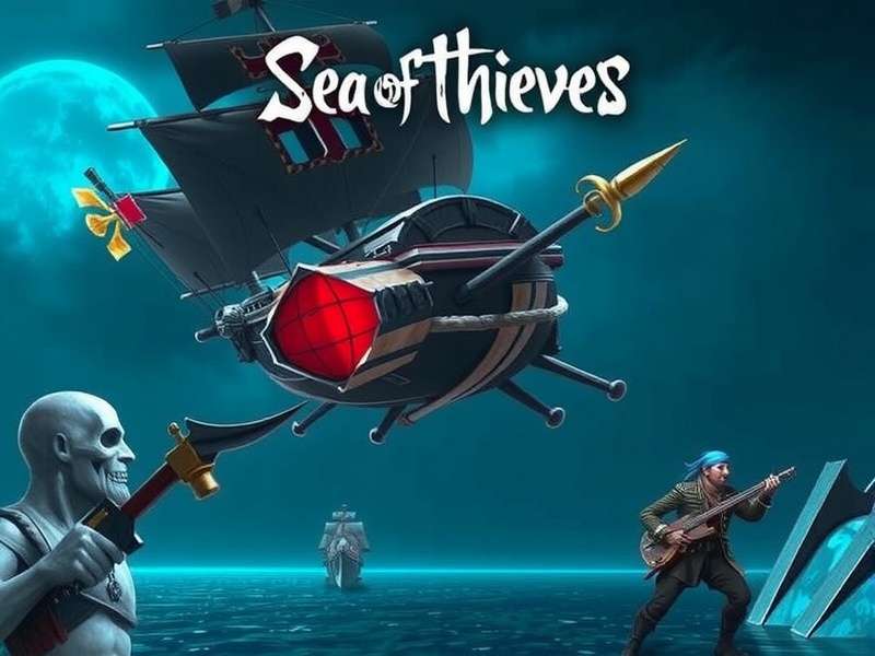 Sea of Thieves pirate ship sailing at sunset