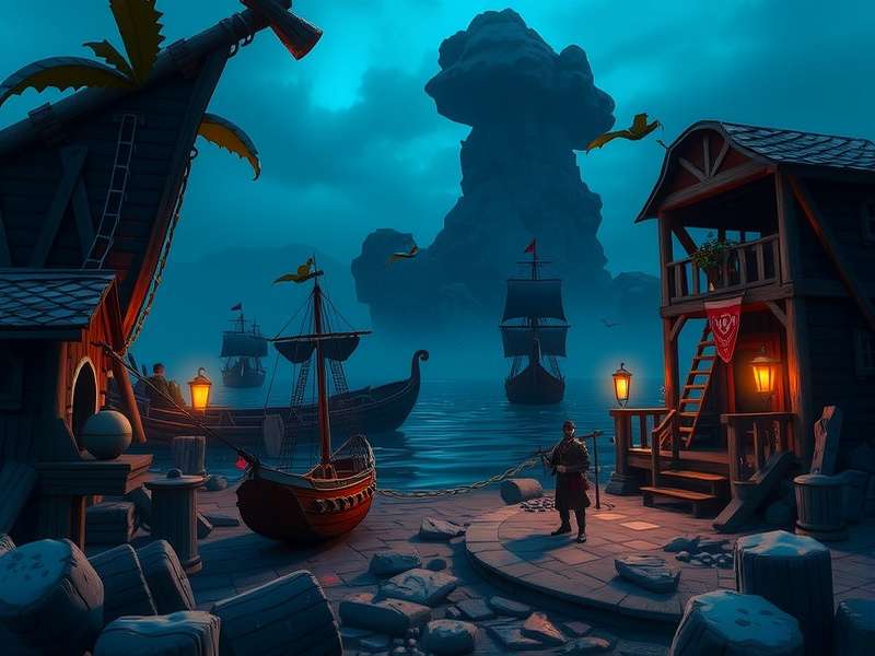 Aerial view of a crescent-shaped tropical bay with a ship anchored in the centre, reminiscent of Smuggler's Bay in Sea of Thieves