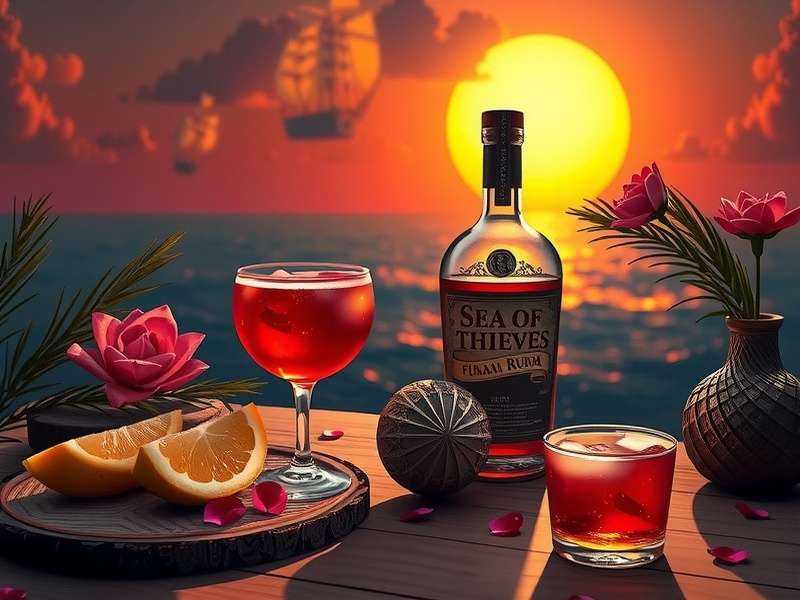 A beautifully rendered bottle of Sea of Thieves Floral Rum resting on a weathered treasure map, with a pirate ship in the distant background.