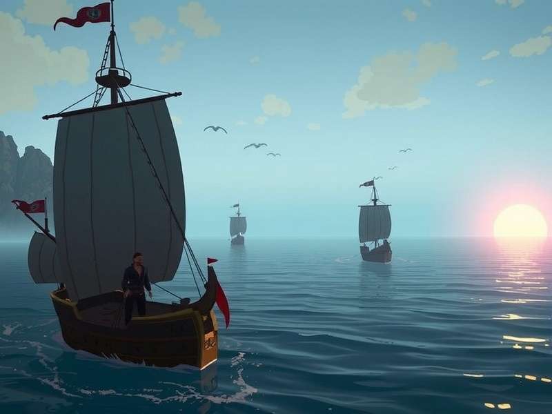 A majestic galleon sails into the sunset in Sea of Thieves, with treasure glinting on deck