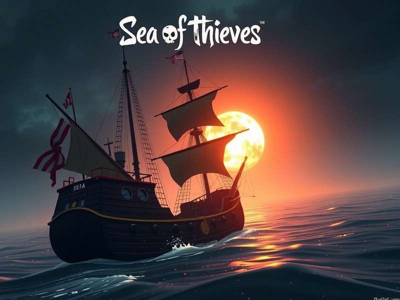 Sea of Thieves pirate ship at sunset with audio visualization overlay