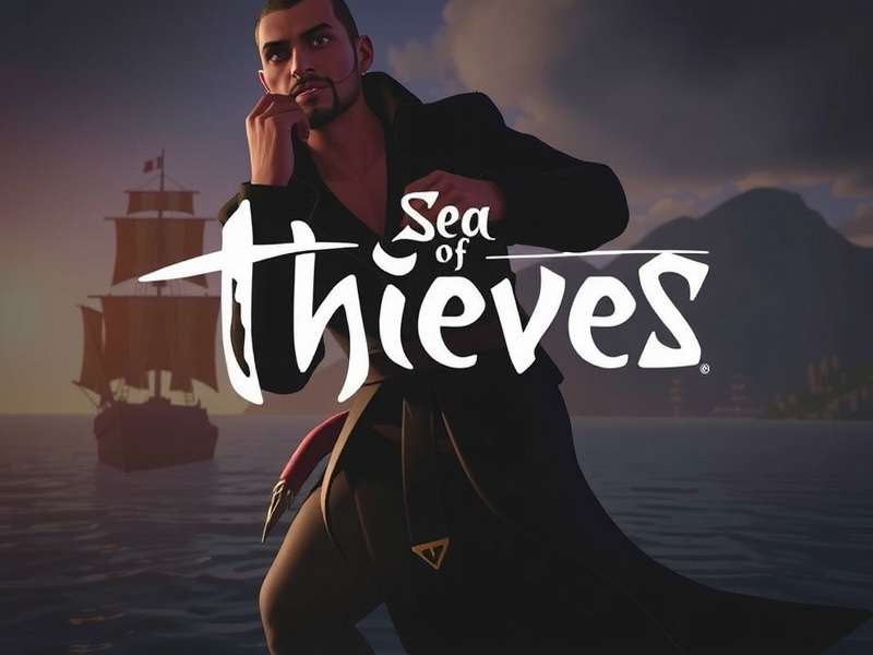 Sea of Thieves galleon sailing at sunset with golden horizons and distant islands