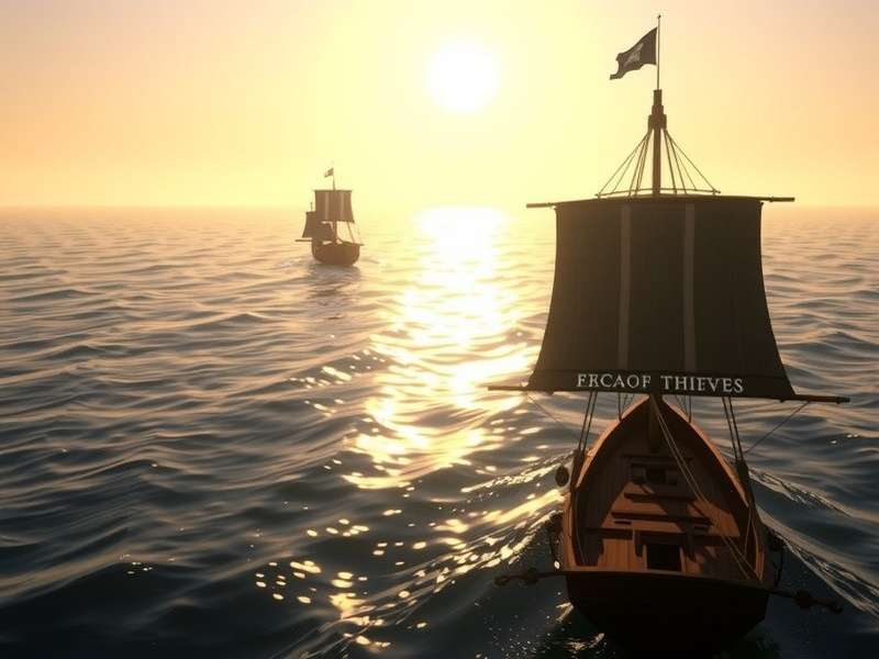 Sea of Thieves galleon sailing into a golden sunset with islands in the distance