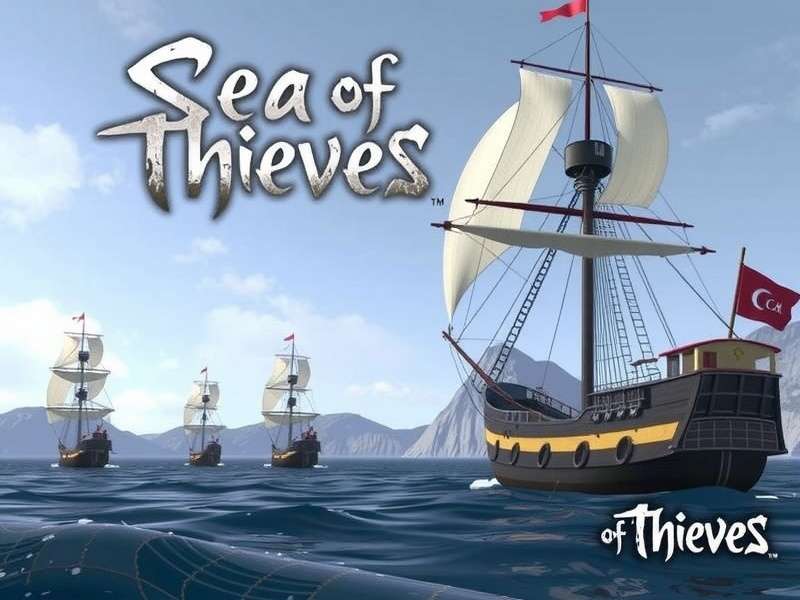 Sea of Thieves pirate ship sailing at sunset with crew on deck