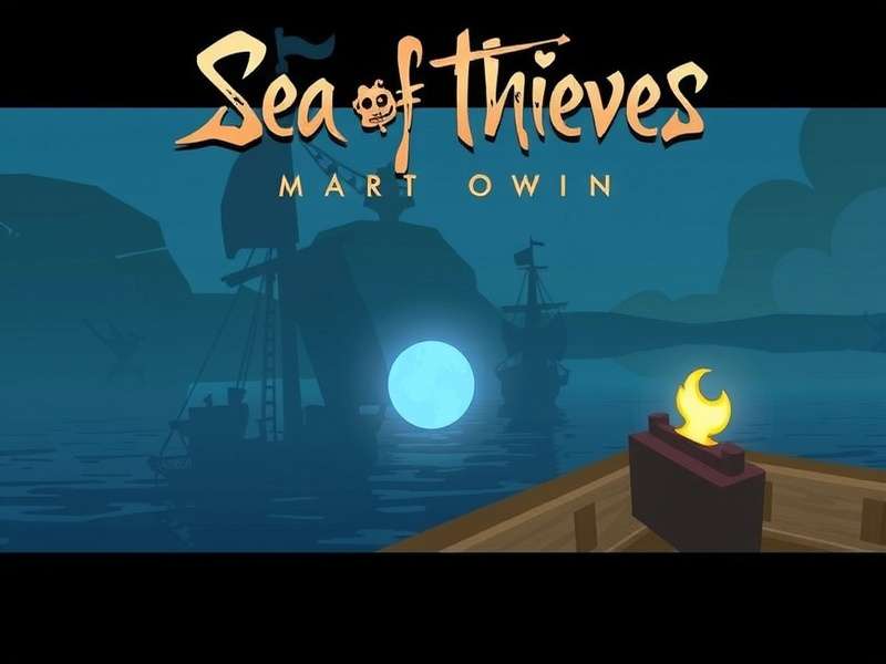Sea Of Thieves pirate ship sailing at sunset with a crew on deck