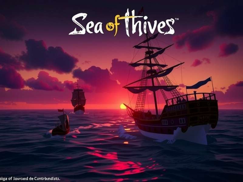Liga De Contrabandistas Sea Of Thieves — Smugglers League fleet sailing under a golden sunset