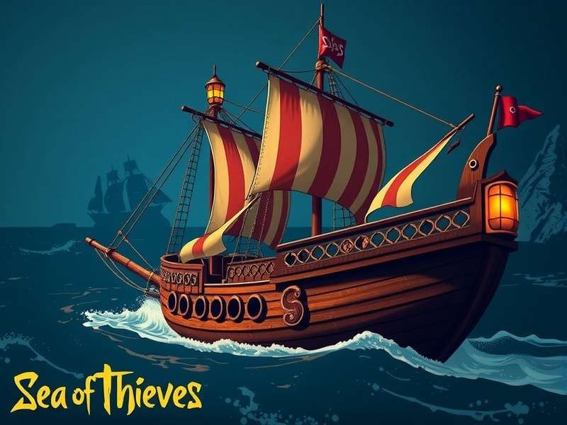 A galleon sailing into golden sunset on the Sea of Thieves, with treasure glinting on deck