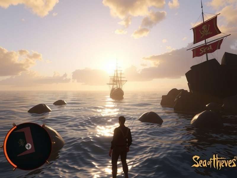 Sea of Thieves pirate ship sailing across a vibrant ocean at sunset, with a crew raising the Jolly Roger