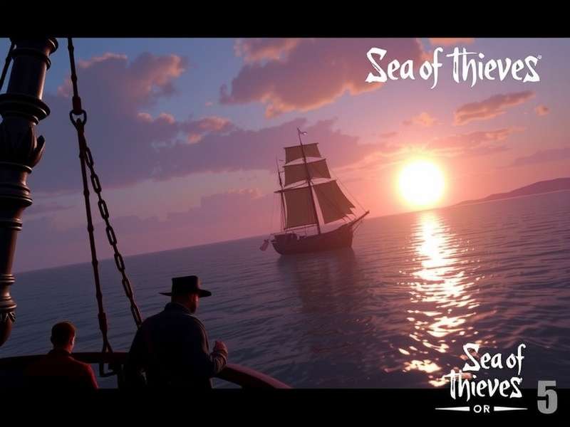 Sea of Thieves PS5 download hero image showing a galleon sailing at sunset with next‑gen graphics