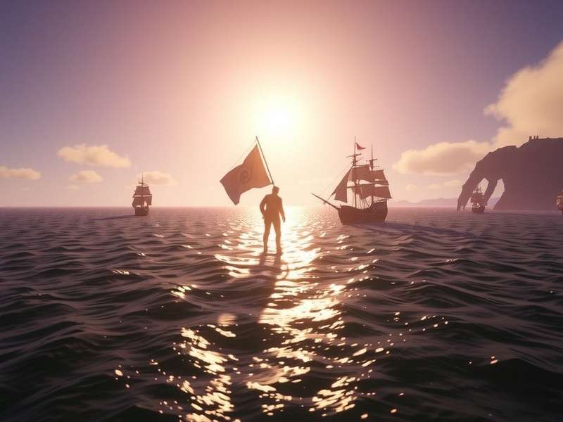 Sea of Thieves PS5 Game — official key art showing a galleon sailing at sunset with a kraken in the distance